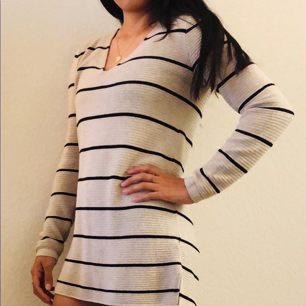 Old Navy beige and black striped sweater dress.